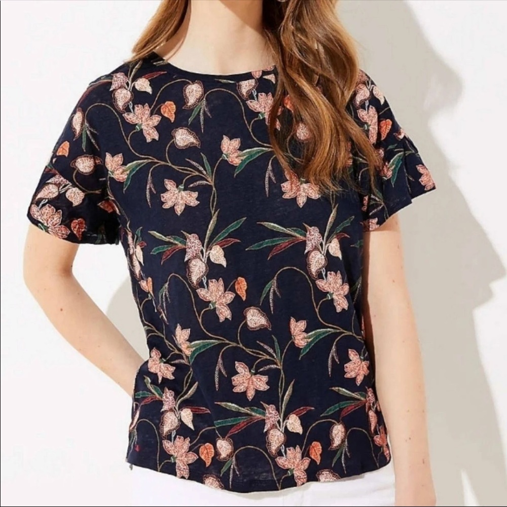 Floral ruffle sleeve linen tee
